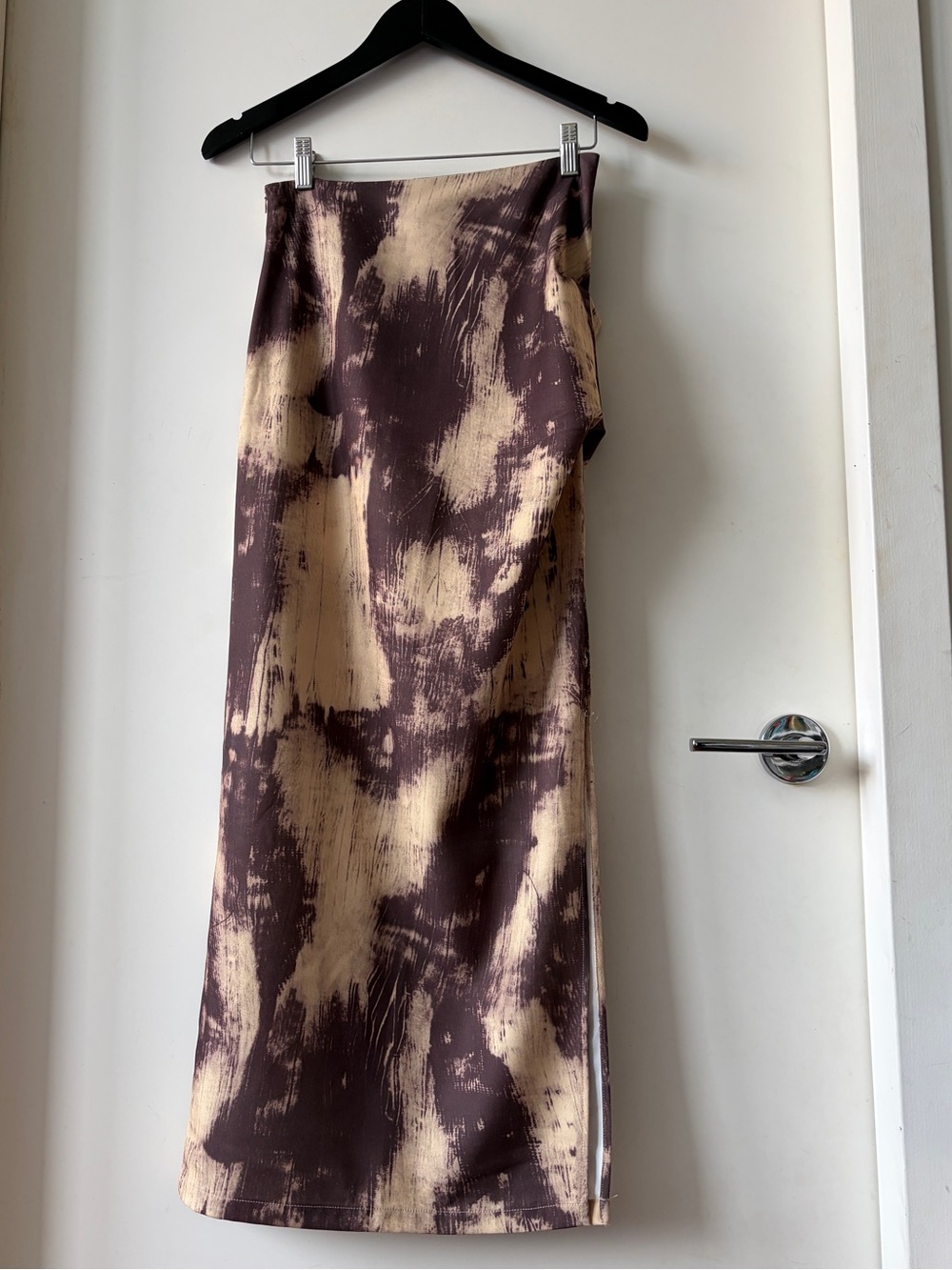✨🤎 Maxi Skirt w/ Slit Brown + Cream Abstract Paint Splash Tie-Dye Rouched Waist